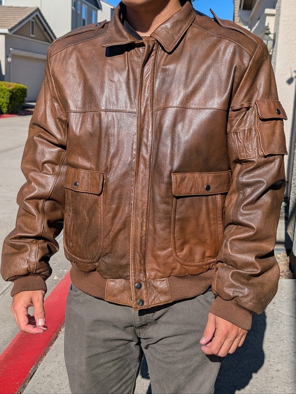 RARE Vintage 80s Thunderwear Brown Leather Bomber Jacket Men's Size 48 (XL-2XL)
